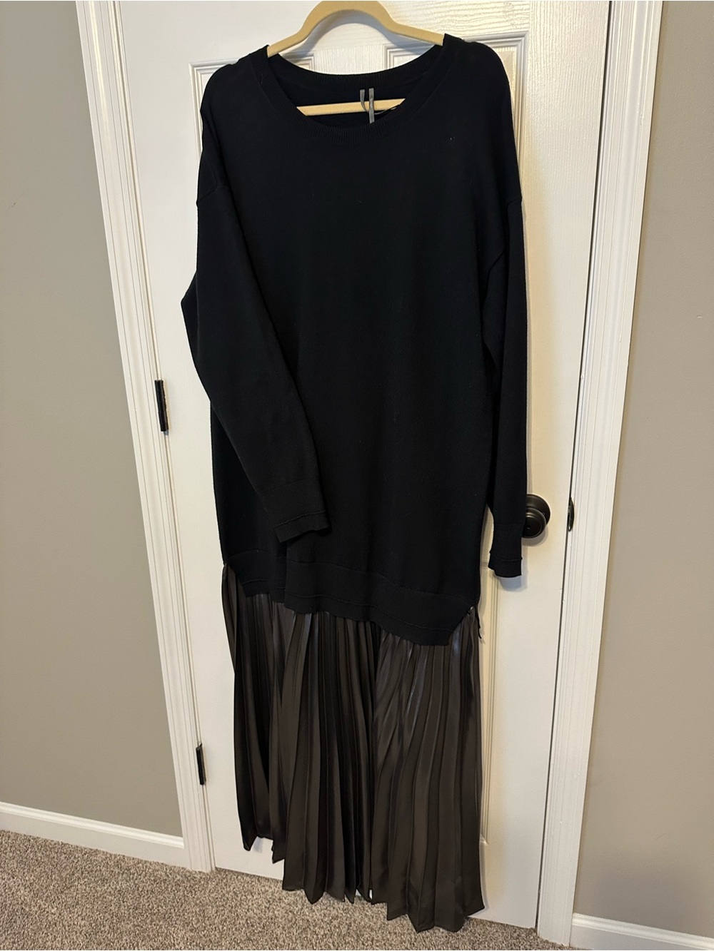 Anthropologie Black Crewneck Sweater Dress with Pleated Hem